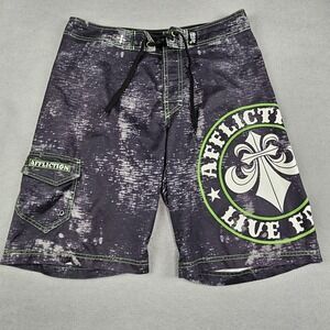 Affliction Men's Board Shorts Size 34 Swim Trunks Live Fast Logo Black Green